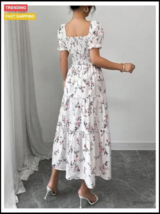 Floral Puff Sleeve Square Neck Smocked Tiered Ruffle Midi Dress - Picture 2 of 6